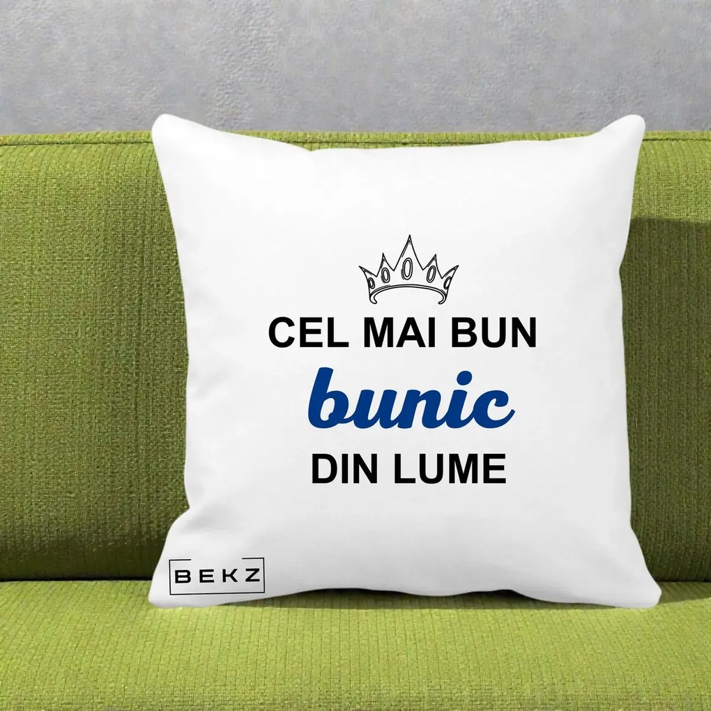 Cadou pentru Bunic - Perna Personalizata Cel Mai Bun Bunic Din Lume Coroana Albastra, 40x40 cm, Alba Mata, Husa Detasabila, Perna Inclusa, BEKZ®
