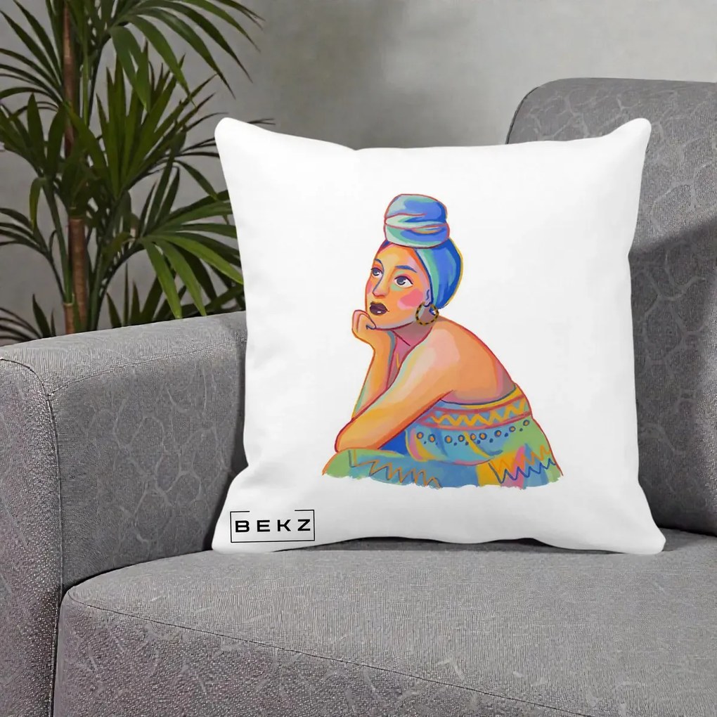 Perna Decorativa Portret Femeie Contemplativa, 40x40 cm, Alba Mata, Husa Detasabila, Perna Inclusa, BEKZ®