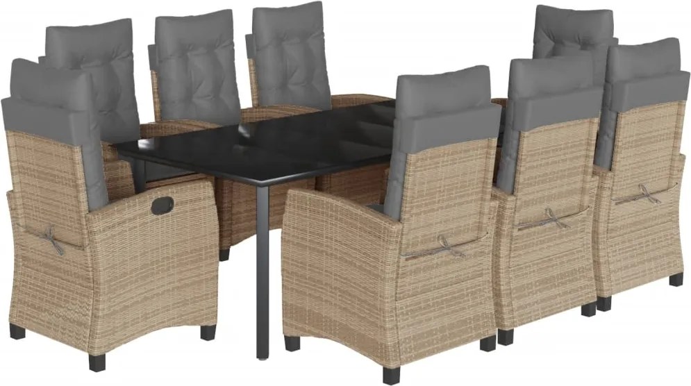 vidaXL Set de masă pentru grădină, 9 piese, cu perne, bej, poliratan