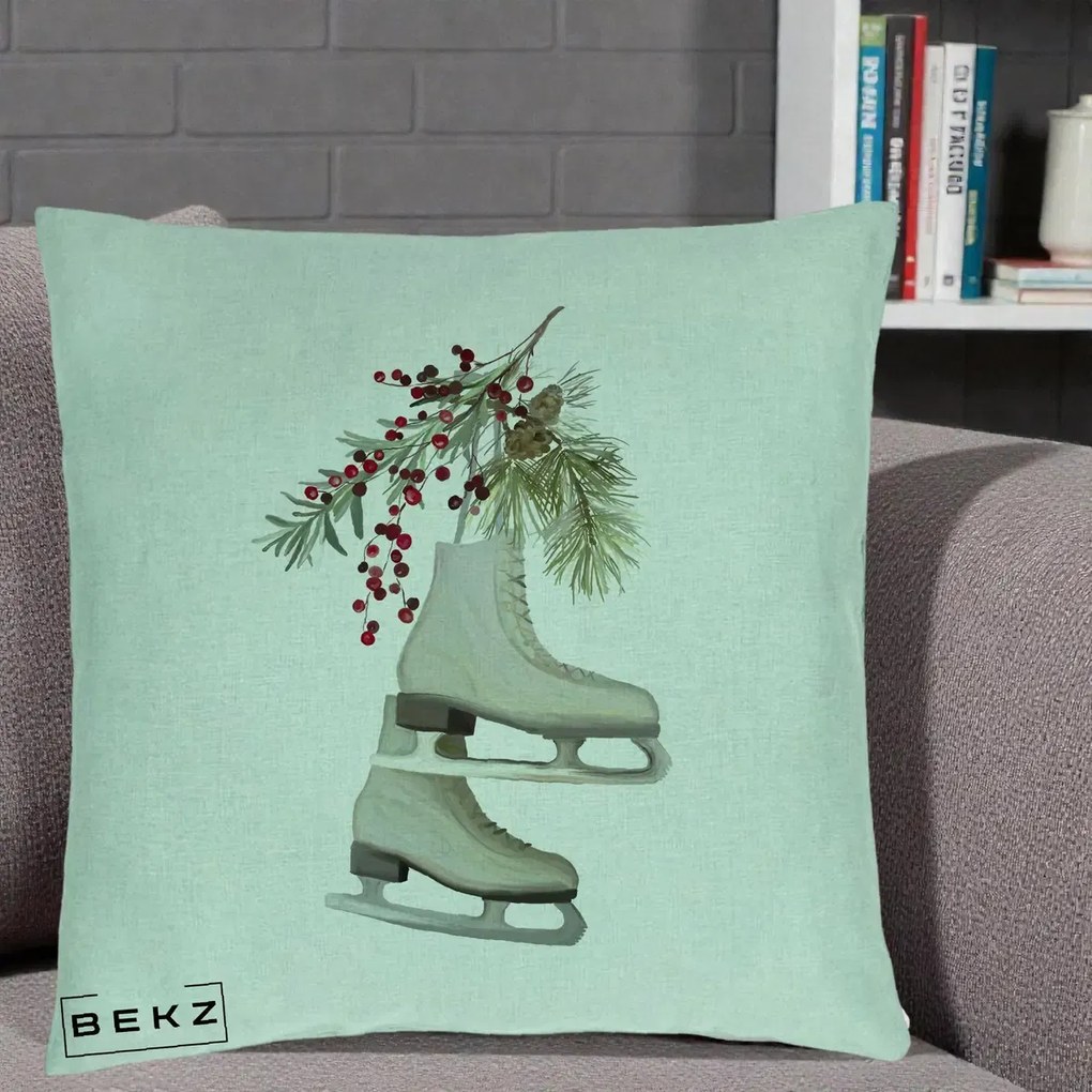 Perna Decorativa Patine cu Ramuri de Brad si Afine, 40x40 cm, Verde Menta, Husa Detasabila, Perna Inclusa, BEKZ®