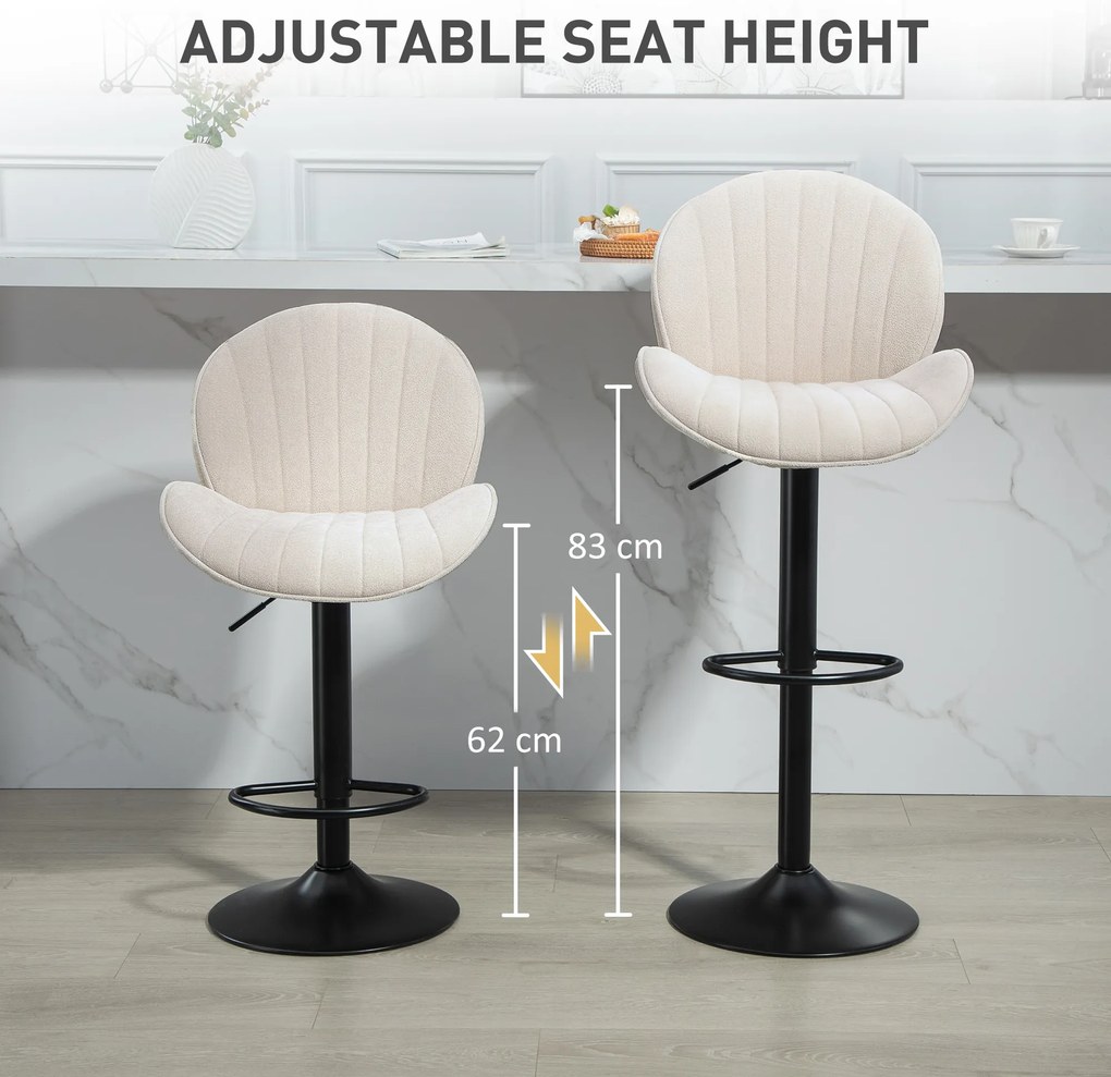 HOMCOM Set de 2 Scaune de Bar cu Suport pentru Picioare, din Țesătură cu Efect de Cinilie, 48x50x94-115 cm, Negru și Bej | Aosom Romania