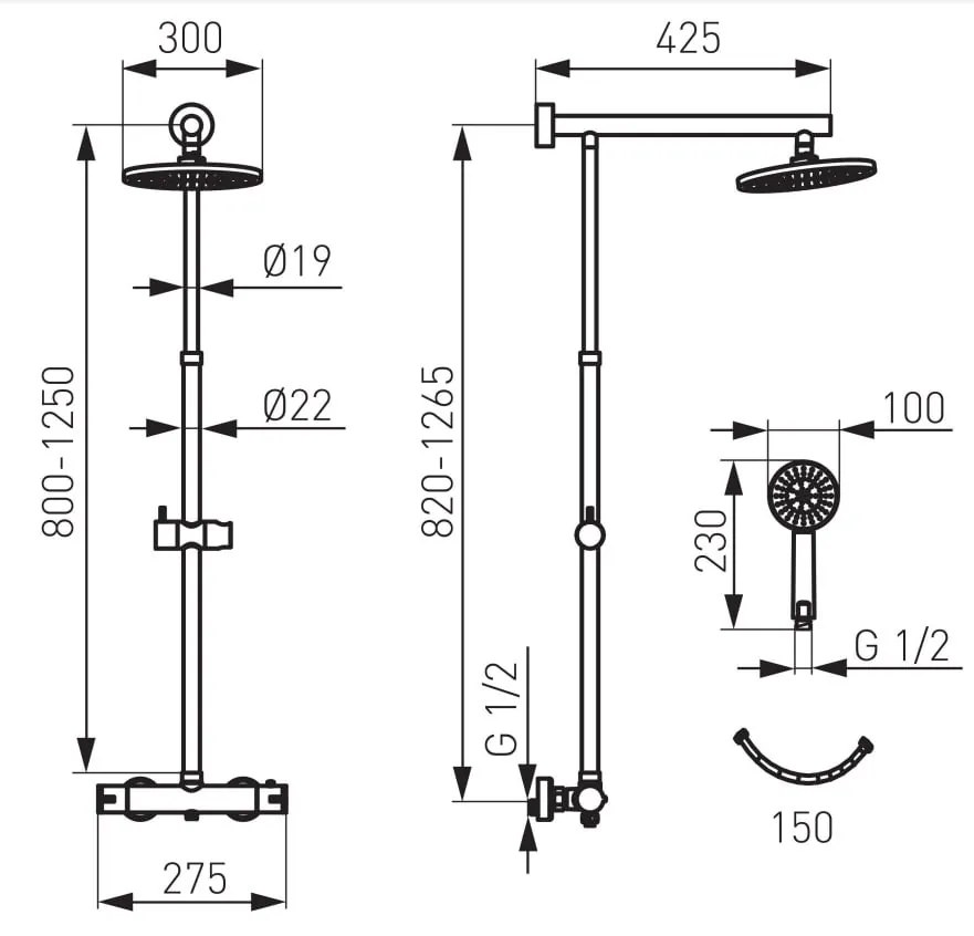 Coloana dus FDesign Anima, baterie termostatata, palarie 30 cm, furtun 1.5 m si para mobila, auriu - FDSFD5-ANA-7U-55