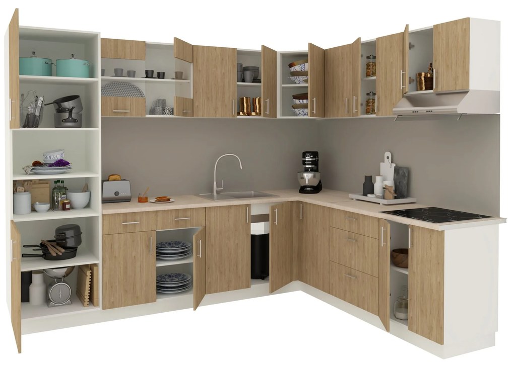 Set Bucatarie Colt Karo V36, Lemn Natural/Alb, Blat Thermo 28 mm, L 280 x 220 cm
