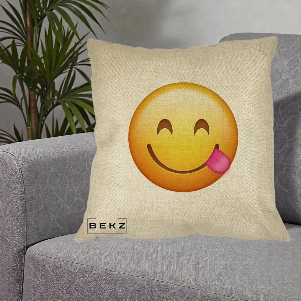 Perna Decorativa Emoji Limba Scoasa, 40x40 cm, Crem, Husa Detasabila, Perna Inclusa, BEKZ®