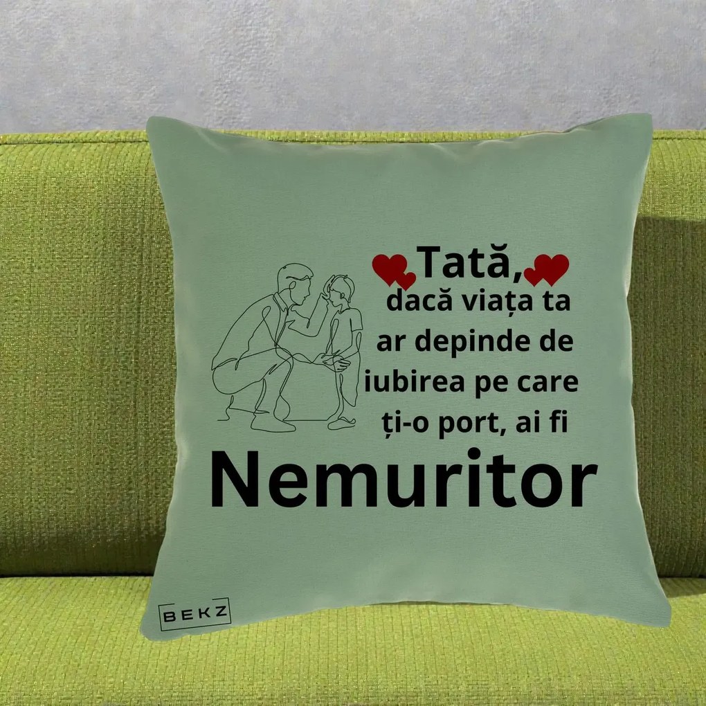 Cadou pentru Tata - Perna Personalizata Tata Nemuritor Baietel, 40x40 cm, Verde, Husa Detasabila, Perna Inclusa, BEKZ®