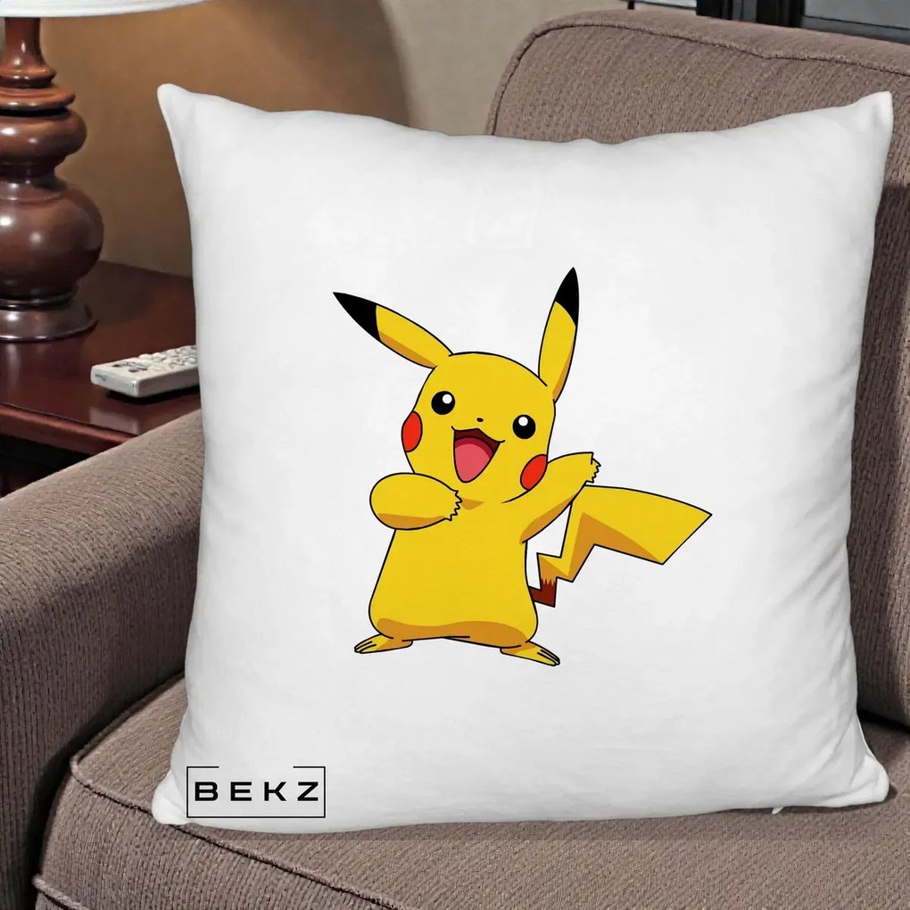 Perna Personalizata Pikachu Fericit, 40x40 cm, Alb Pufos, Husa Detasabila, Perna Inclusa, BEKZ®