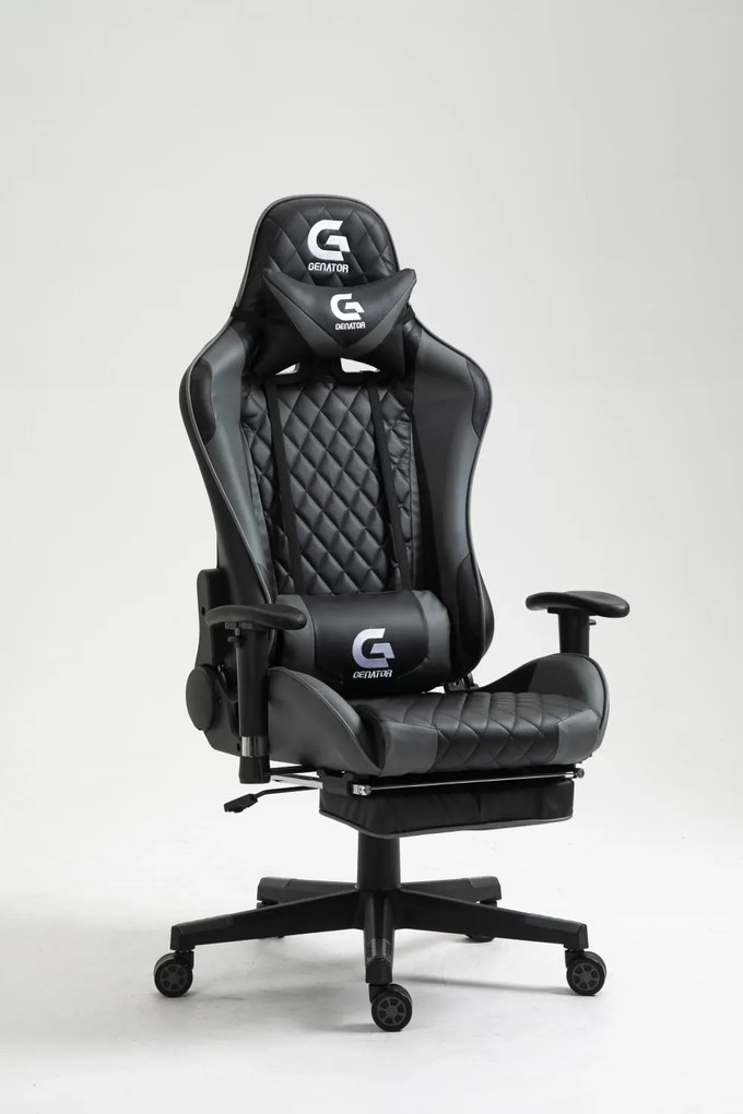 Scaun gaming cu masaj în perna lombară, sezut benzi elastice sustinere, cotiere 3D, suport picioare, funcție sezlong, Negru/Gri