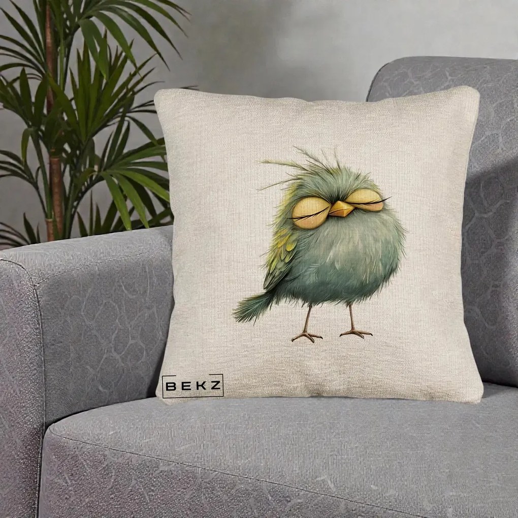 Perna Decorativa Pasare Teal Adormita cu Ochi Galbeni, 40x40 cm, Bej Canapea, Husa Detasabila, Perna Inclusa, BEKZ®