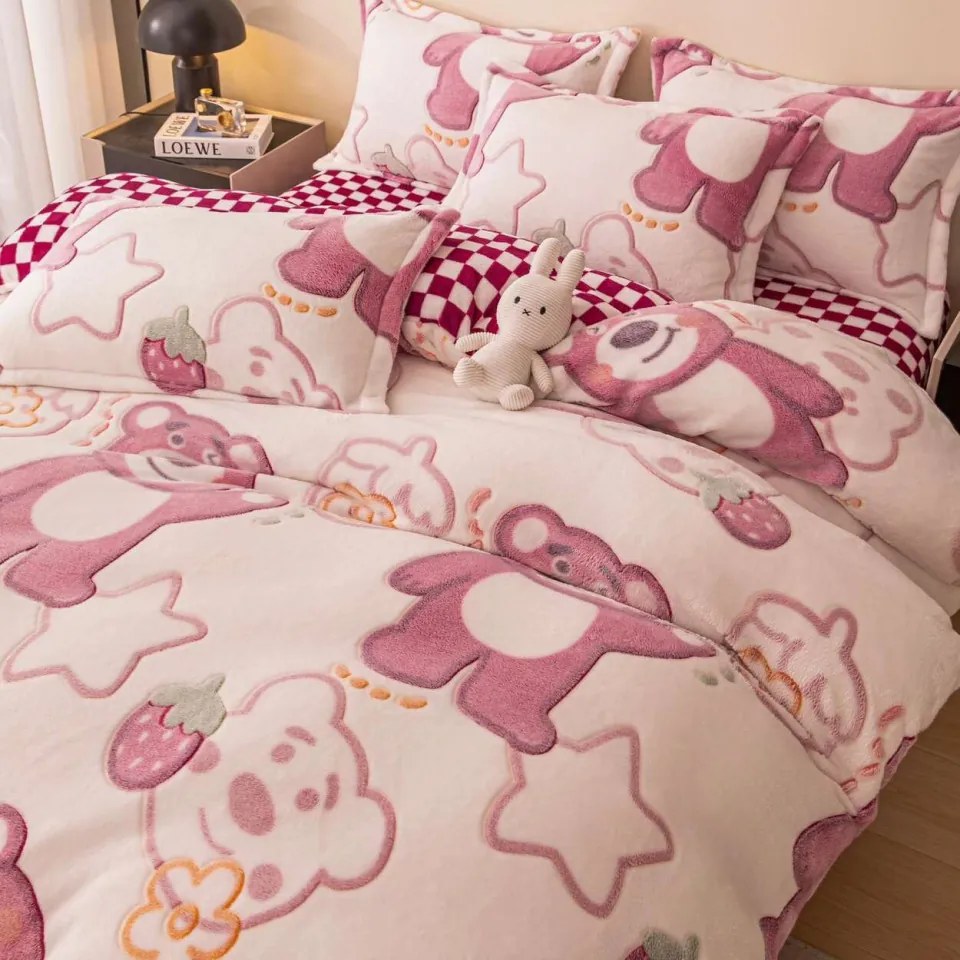 Set lenjerie cocolino pufoasa, cu elastic, pat 2 persoane, 4 piese, alb / roz, LCJE-22
