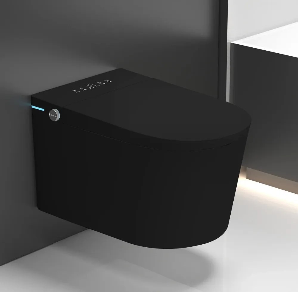 Smart WC 302 – Vas de Toaletă Inteligent cu Bideu, Sterilizare UV, Deschidere/Închidere automată, Senzor picior, Control inteligent al Temperaturii, Uscare aer cald, Iluminare de noapte, Afișaj LED, Telecomandă, Ceramică, Negru