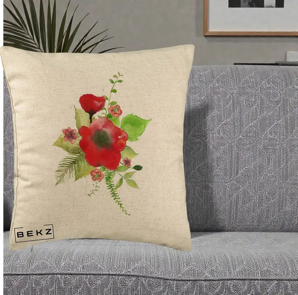 Perna Decorativa Buchet Rosu Acuarela, 40x40 cm, Bej, Husa Detasabila, Perna Inclusa, BEKZ®