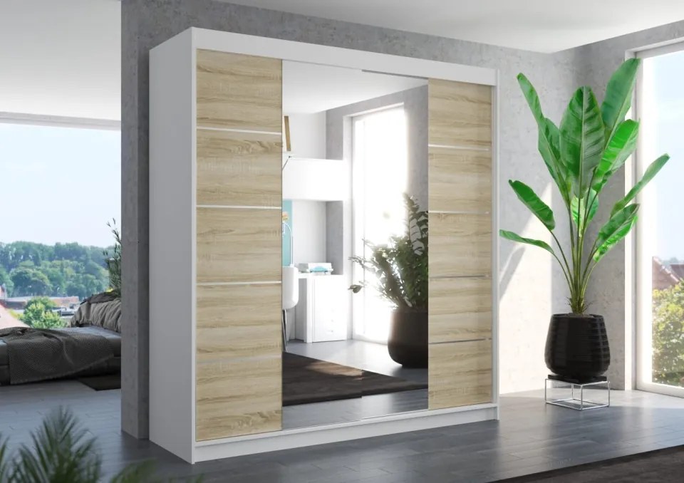 Dulap cu uși glisante DALMATIA – cu oglindă – 200x58x215 cm – Alb / Sonoma