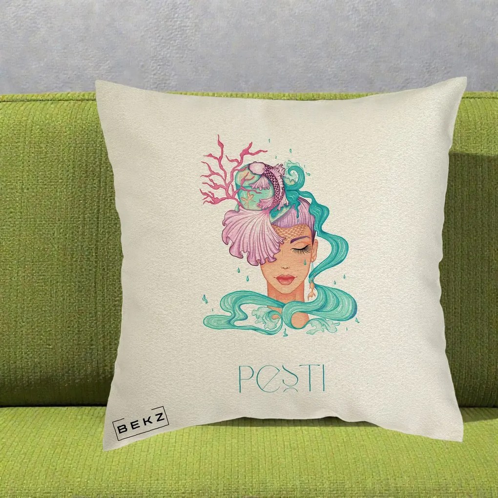 Perna Personalizata Zodiac Pesti Cowgirl, 40x40 cm, Ecru, Husa Detasabila, Perna Inclusa, BEKZ®