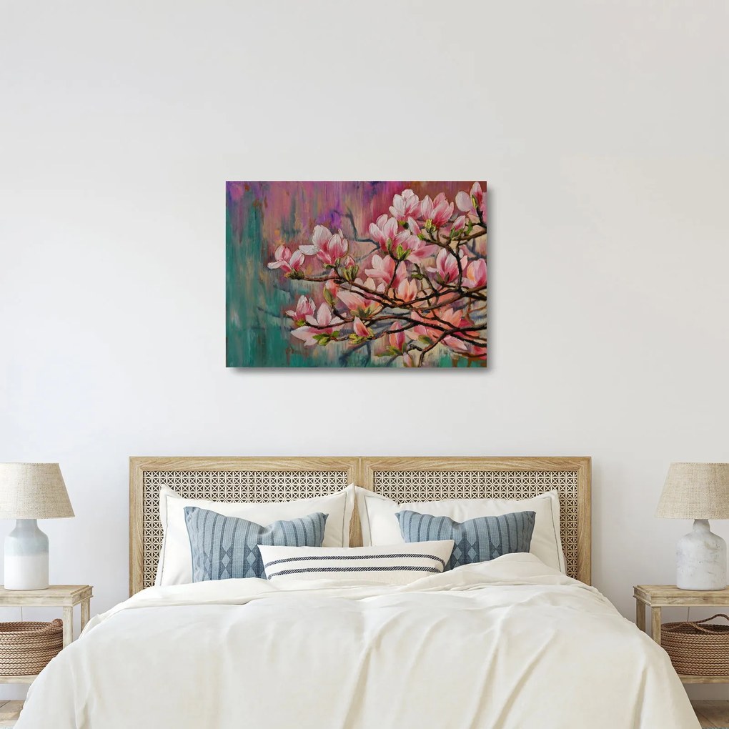 Tablou pe sticlă - Pictură în ulei, Sakura în floare (70x50 cm)
