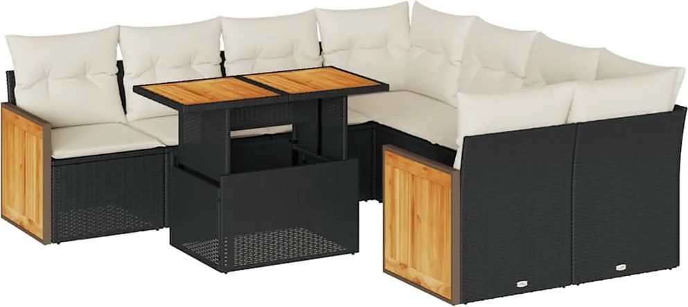 vidaXL Set mobilier grădină perne 9 piese negru poliratan/lemn acacia