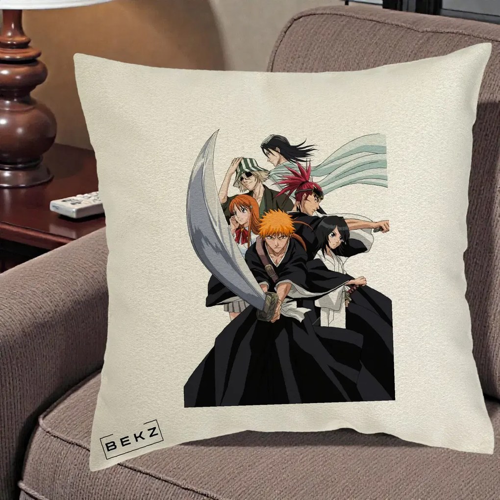 Perna Personalizata Bleach Grup Complet Ichigo si Prietenii, 40x40 cm, Ecru, Husa Detasabila, Perna Inclusa, BEKZ®