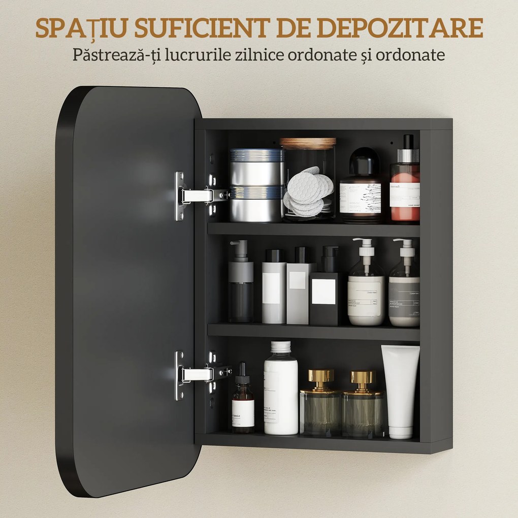 HOMCOM Dulap Baie cu Oglindă și 2 Uși Soft Close, Dulap cu Oglindă, Rafturi Reglabile, Dulap Suspendat Economisire Spațiu din Sticlă, Negru | Aosom Romania