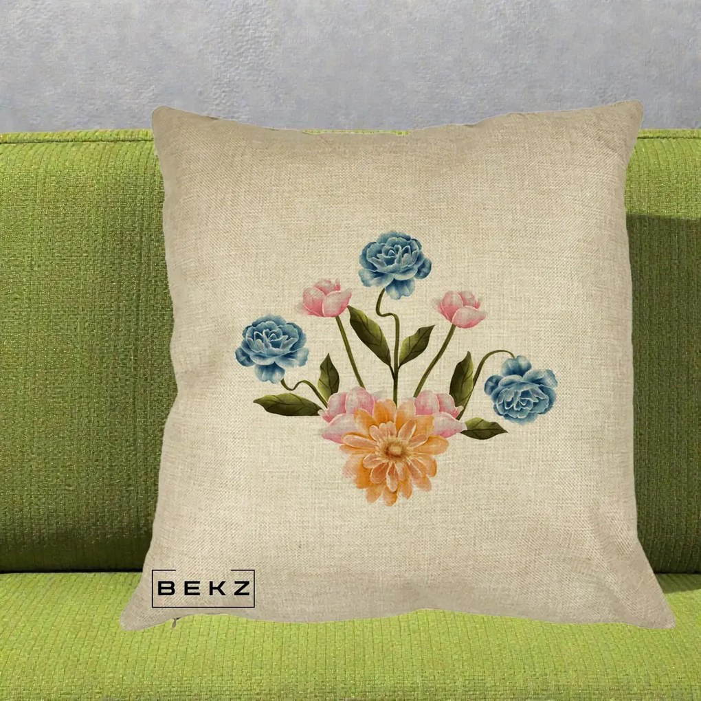 Perna Decorativa Buchet Primavara Acuarela, 40x40 cm, Crem, Husa Detasabila, Perna Inclusa, BEKZ®