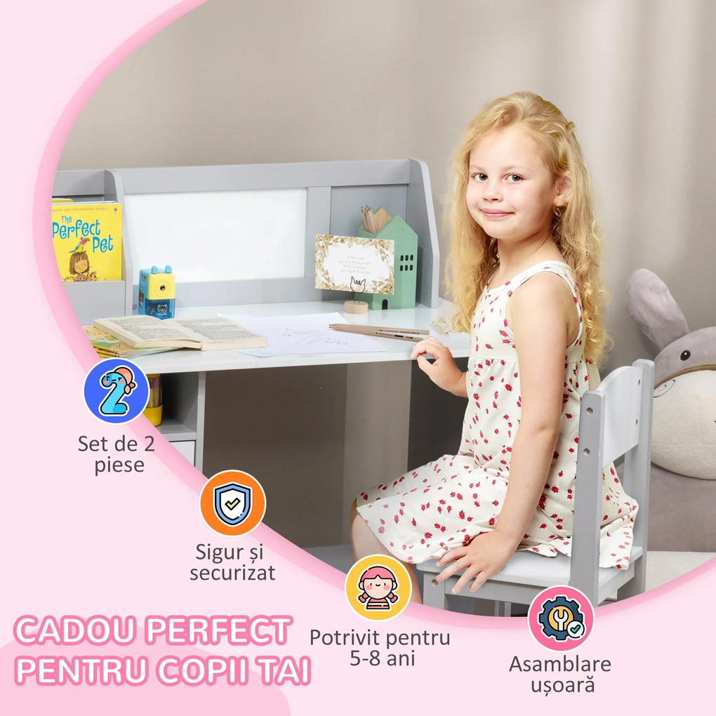 HOMCOM Set Masă și Scaune pentru Copii 5-8 Ani cu Spațiu de Depozitare, Tablă și Scaun, 90x45x85 cm, Roz | Aosom Romania