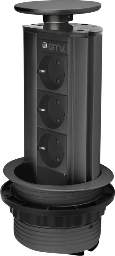 Priză încorporabilă în blat GTV, 3 prize Schuko, negru, D:100 mm Aluminiu, Negru, D:100 mm