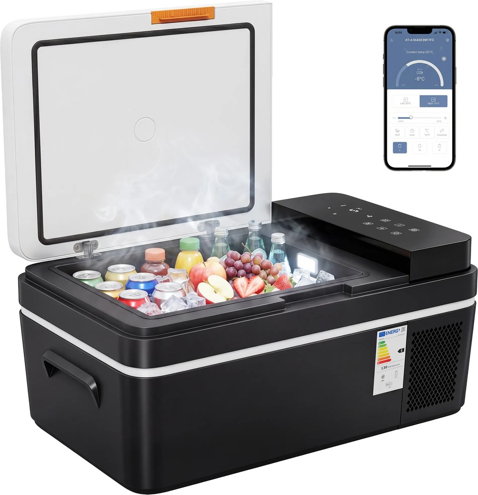 Outsunny Frigider cu compresor 20L -20℃-20℃ Frigider electric cu control prin aplicație Iluminare LED Port USB Protecție baterie | Aosom Romania