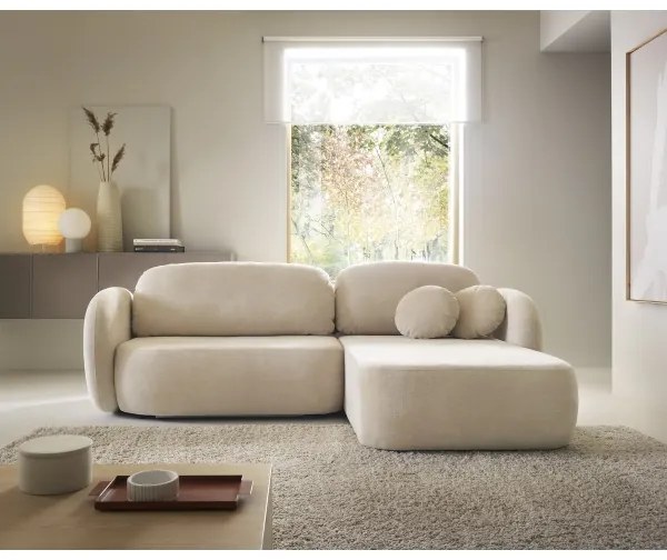 Canapea colțar extensibilă OLBIA, tip L, cu spațiu de depozitare, pe partea dreaptă, bej