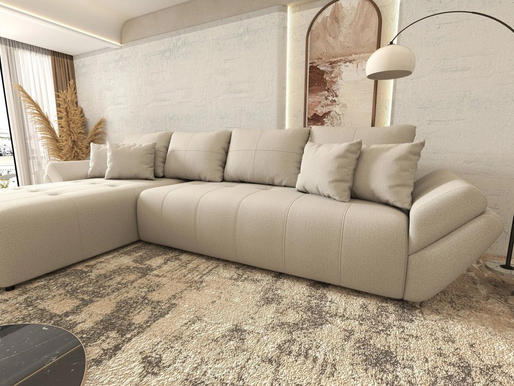 Colțar extensibil dumonde cu ladă de depozitare si sezut confortabil din spuma high-density, Berlin XL Enjoy Beige 350x185 cm