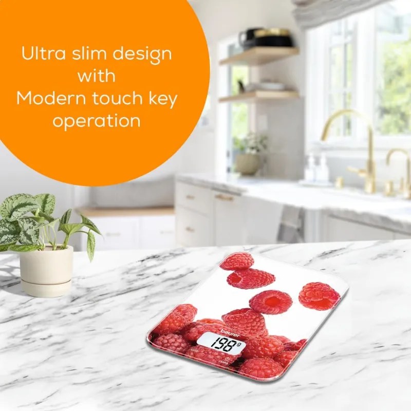 Cantar de bucatarie Beurer KS 19 Berry, Pana la 5 kg, Tare, Control tactil, LCD, Sticla, Rosu