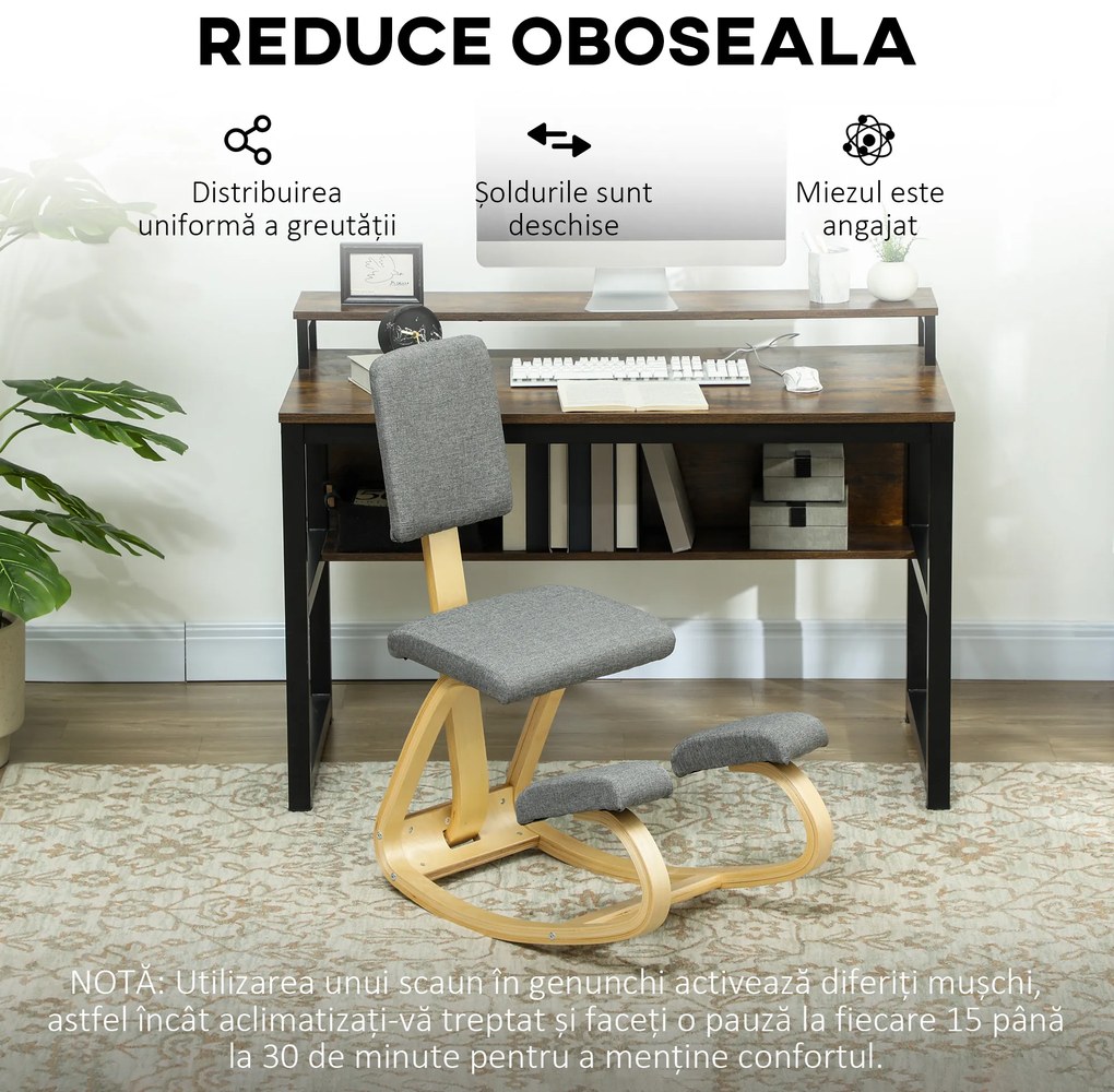 HOMCOM Scaun genunchi ergonomic, din lemn de mesteacăn, care permite o mișcare ușoară de leagăn, 51x84x93 cm, Gri | Aosom Romania