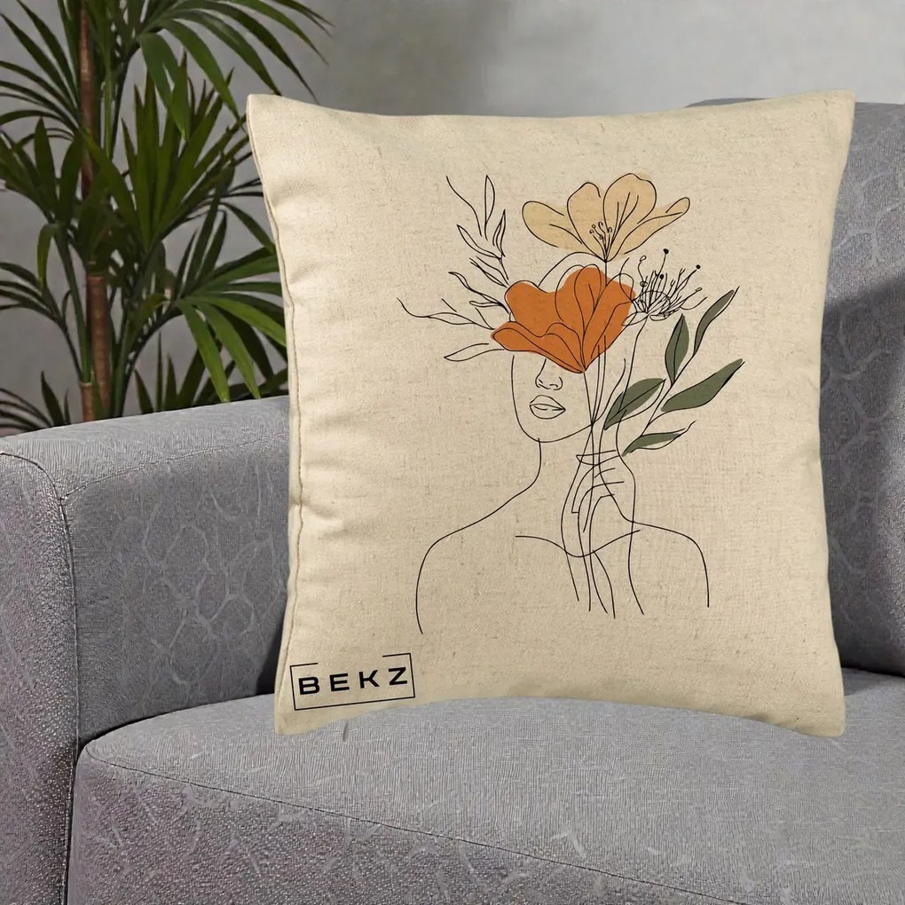 Perna Decorativa Portret Feminin Coroana Florala, 40x40 cm, Bej, Husa Detasabila, Perna Inclusa, BEKZ®