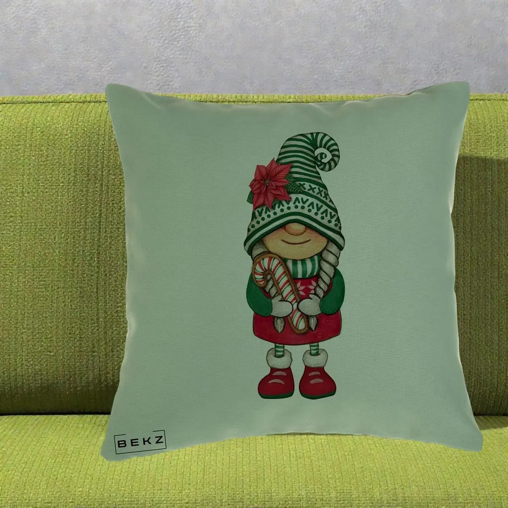 Perna Decorativa Gnom Craciun Verde cu Bomboane si Floare, 40x40 cm, Verde, Husa Detasabila, Perna Inclusa, BEKZ®