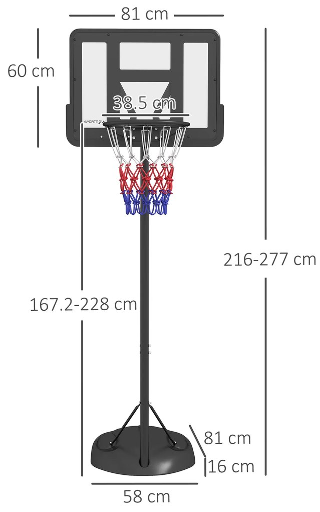 SPORTNOW Cerc de Baschet Reglabil pe Înălțime cu Bază și Plasă Completabile, Cerc de Baschet din Oțel și PE, 81x70x277 cm, Negru | Aosom Romania