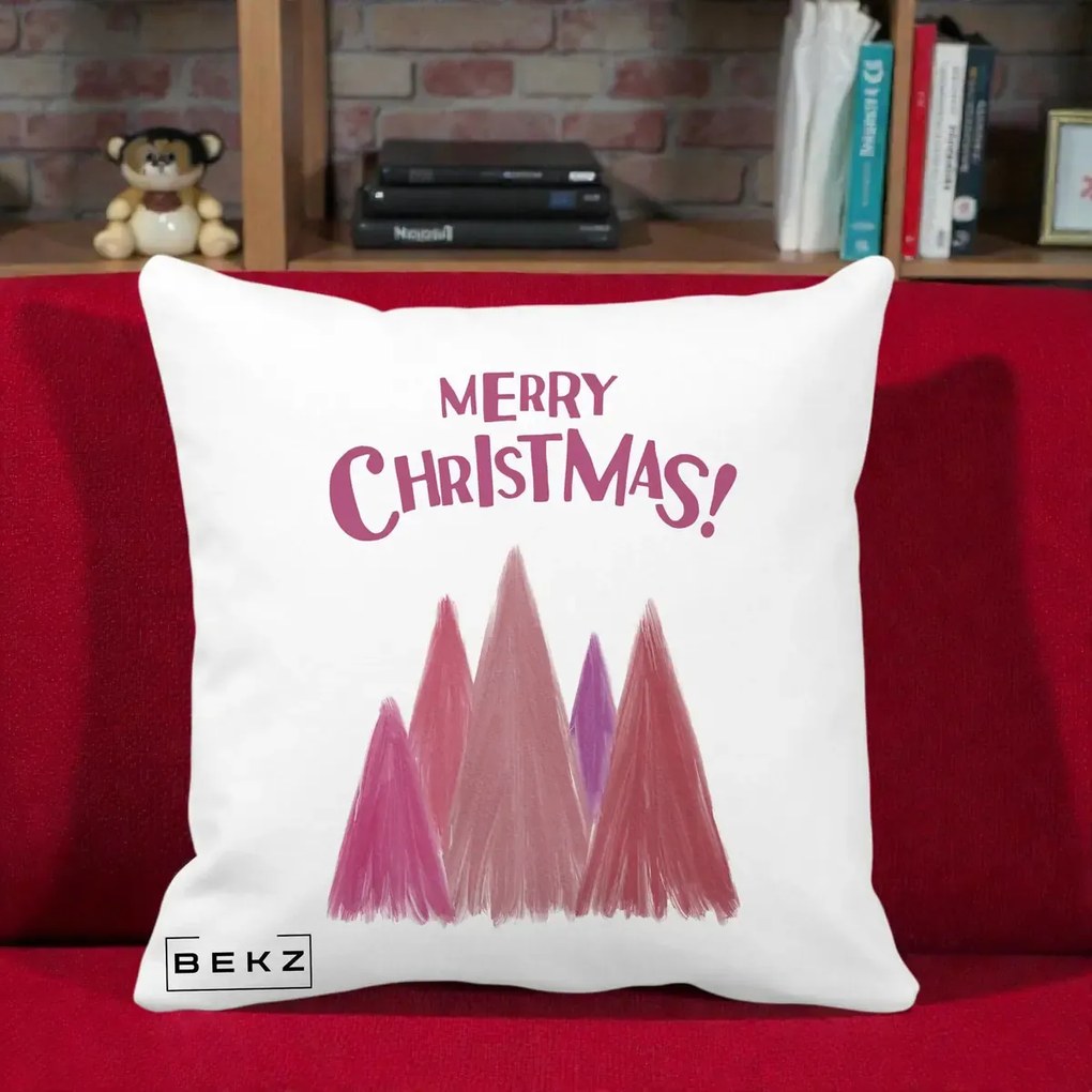 Perna Decorativa Merry Christmas Brazi Roz, 40x40 cm, Alba Mata, Husa Detasabila, Perna Inclusa, BEKZ®