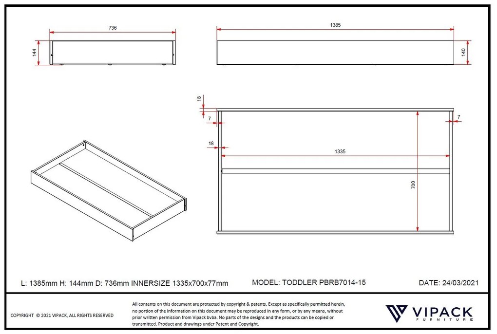 Sertar pentru pat TOD alb pentru copii, din colecția TOD, 90 x 140 cm, cu spațiu suplimentar de depozitare – Vipack