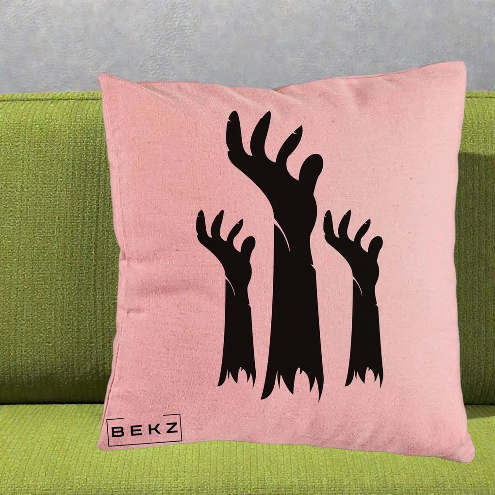Perna Decorativa Halloween Maini Zombie Alb-Negru, 40x40 cm, Roz, Husa Detasabila, Perna Inclusa, BEKZ®