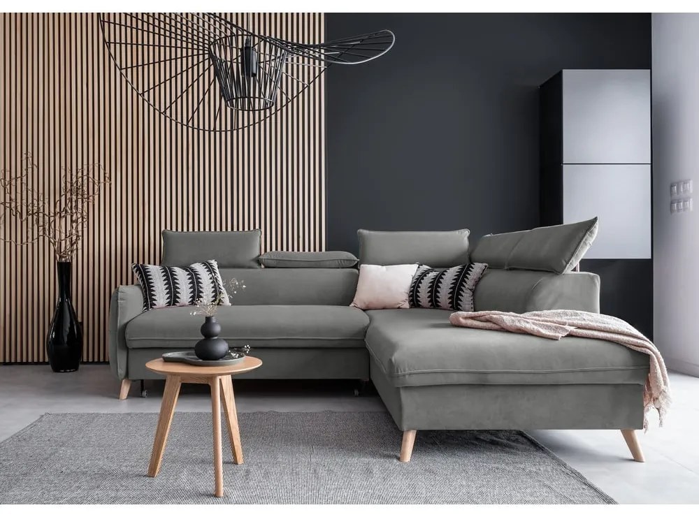 Colțar gri deschis extensibil cu tapițerie din catifea (cu colț pe partea dreaptă) Sweet Harmony – Miuform