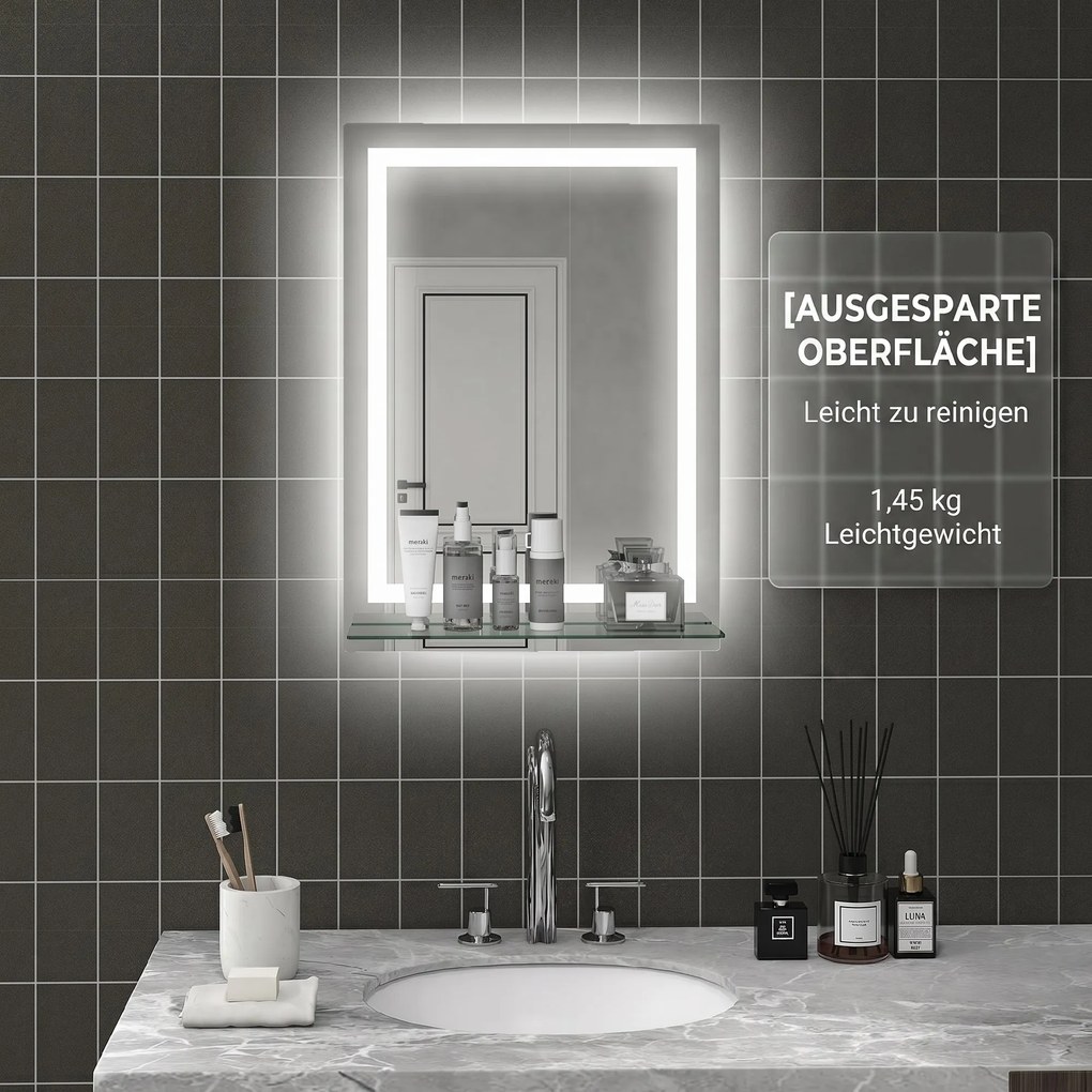 Kleankin Oglindă de Baie cu Lumini LED în 3 Culori Reglabile și Raft din Sticlă, 50x12x70 cm, Argintiu | Aosom Romania