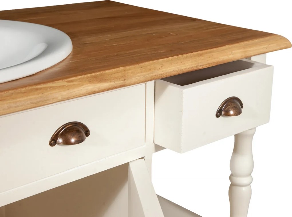 Mobilier de baie din lemn masiv, lavoar ceramica , alb antichizat  natur, L128x54xH92 cm