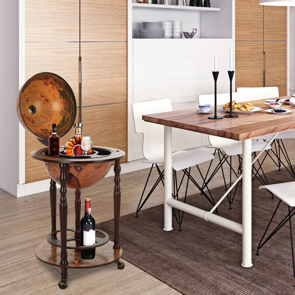 Bar in forma de Glob HOMCOM, Suport Sticle, din lemn cu 3 roți, Ф47x90cm | AOSOM RO