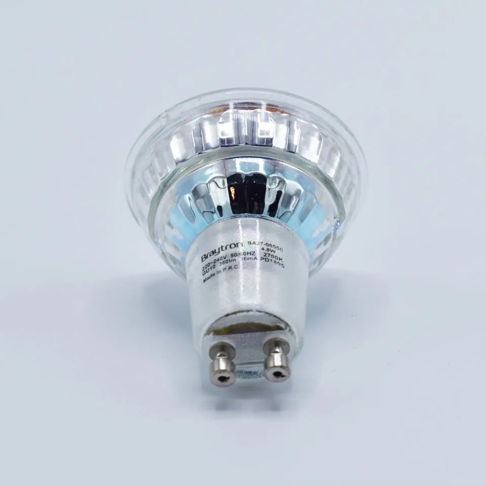 Bec LED Braytron, 4.8W(50W), GU10, 350 lm, lumina calda (2700K), semitransparent, clasa energetica F