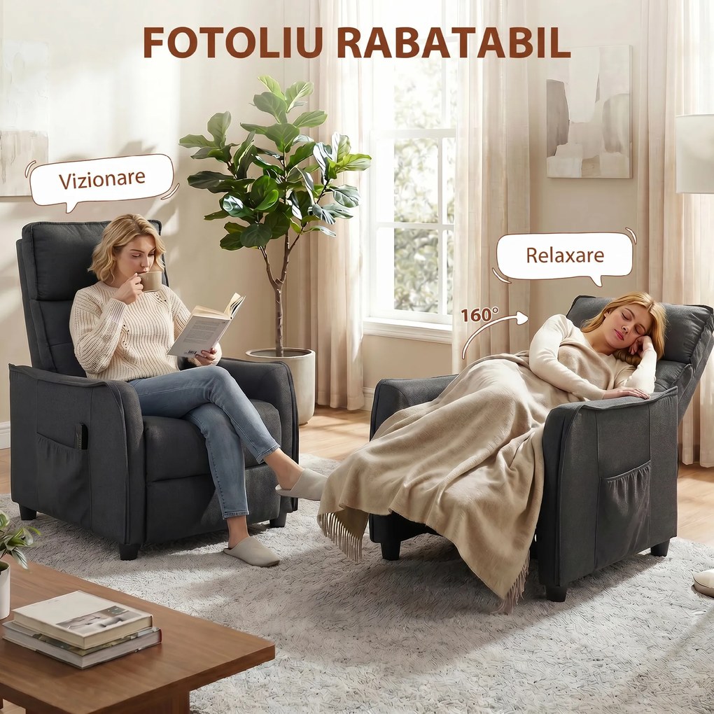 HOMCOM Fotoliu cu Masaj Reclinabil Manual, Țesătură Tip In, cu Telecomandă, Gri Închis | Aosom Romania