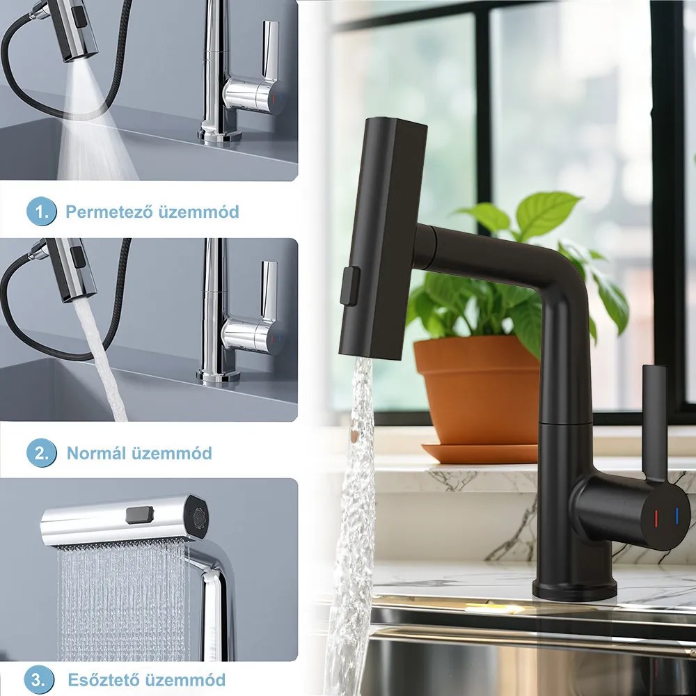 Robinet mixer pentru chiuvetă Mara cu cap multifuncțional negru