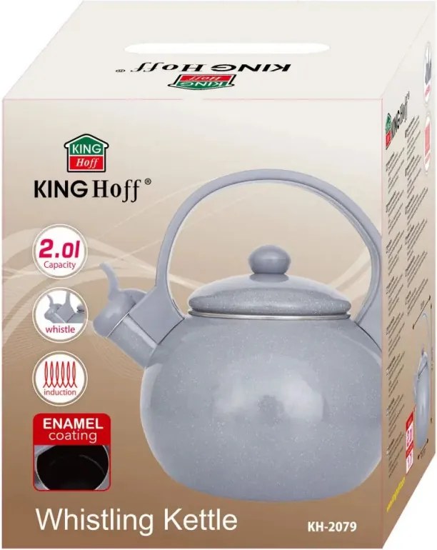 Ceainic cu fluier Kinghoff KH 2079, 2 l, interior emailat, compatibil cu plitele cu inducție, gri