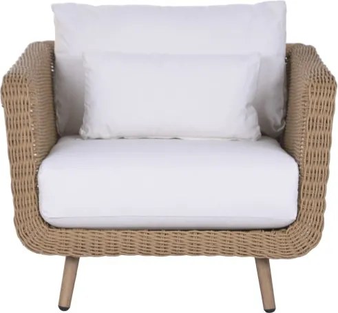 Set lounge exterior din rattan sintetic și structură din aluminiu cu canapea, 2 fotolii, masă și perne, finisaj natural, „Malibu”