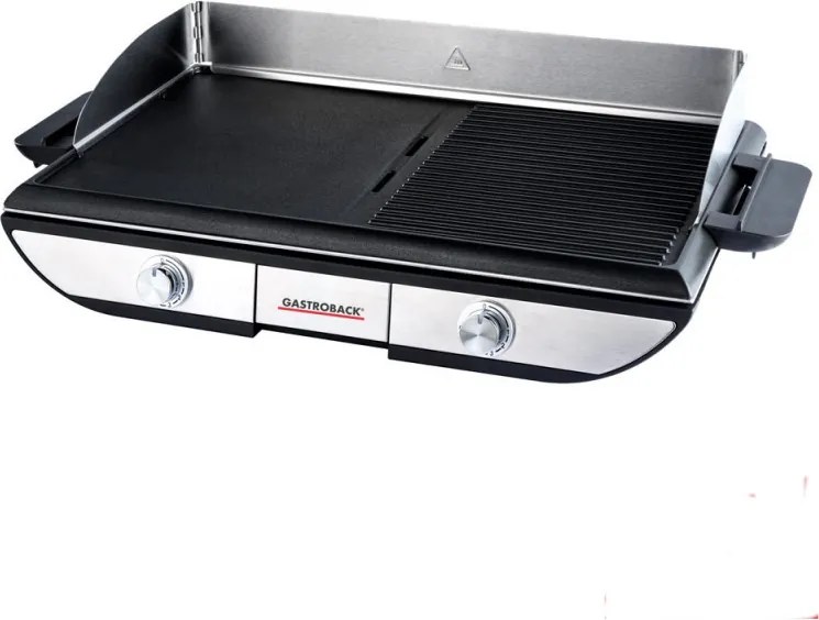 Grаtar electric cu plаci mobile Gastroback Advanced Pro 42523, 2300 W, 50 x 30 cm, 90-240°C, Nuprafata neteda/striata, Antiaderenta, Tava pentru grasime, Negru/Inoxidabil