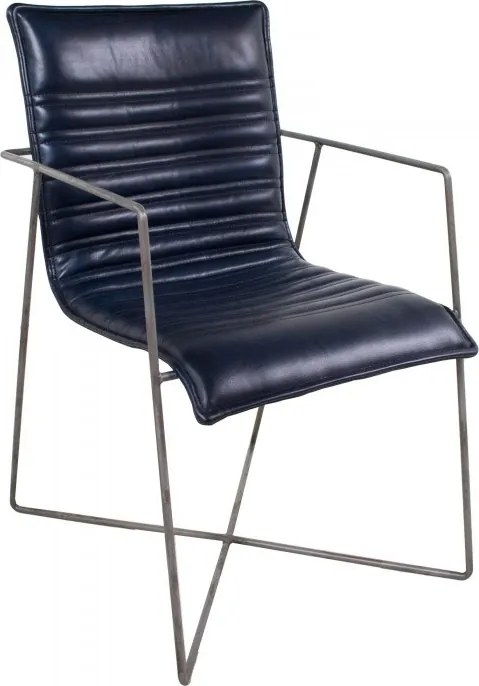 Scaun dining cu brațe tapițat eclectic din piele naturală și metal, albastru, cu cusături în canale și bază în X, 87 x 60 x 53 cm, „Saint-Tropez”