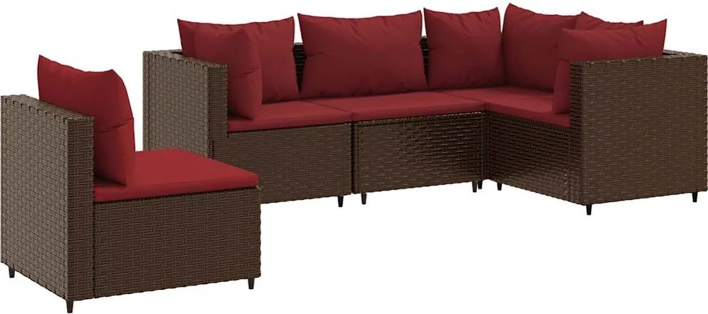 vidaXL Set șezlonguri de grădină, 5 piese, cu perne, maro, poliratan