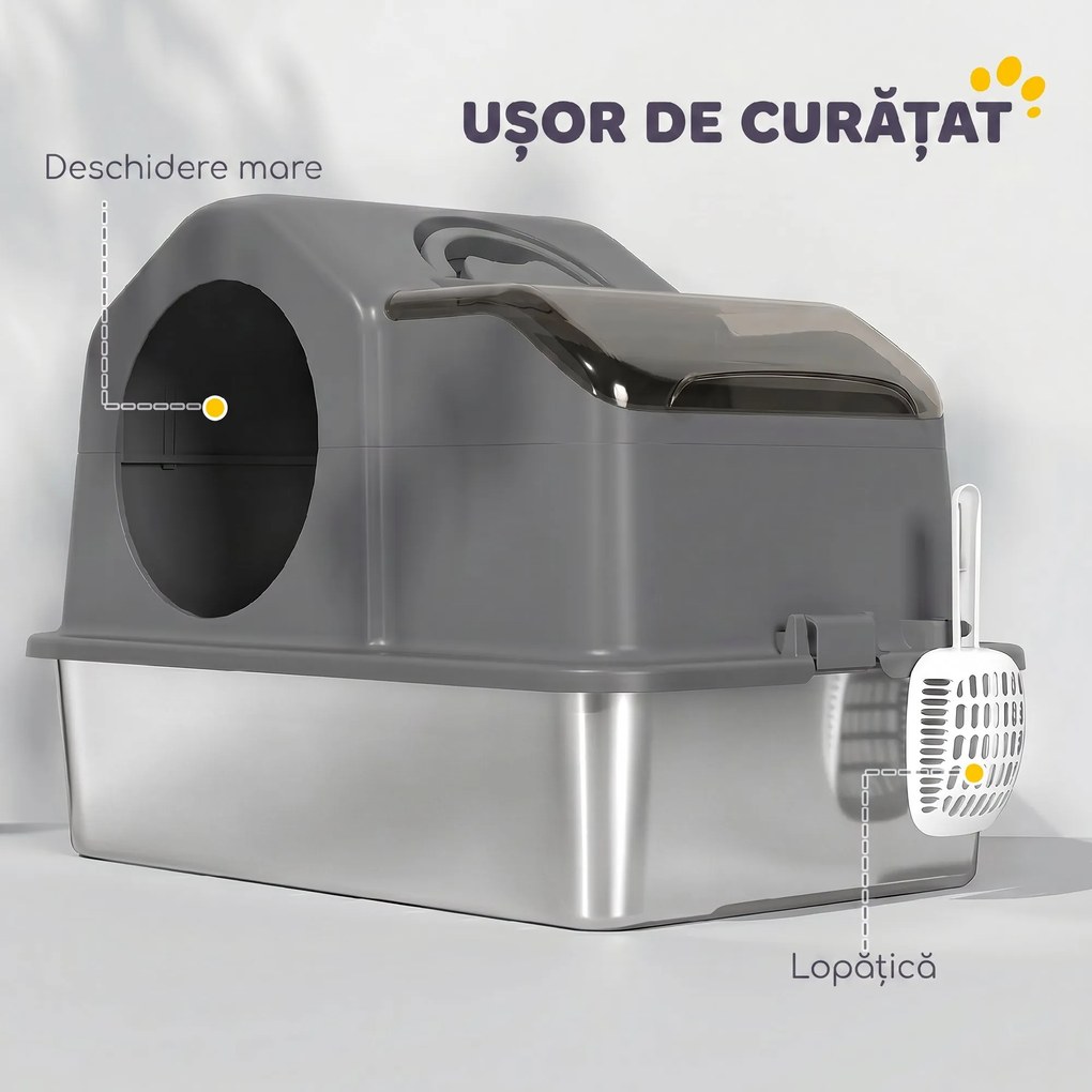 PawHut Litieră Pisici XL Închisă din Oțel Inoxidabil cu Capac, Paletă și Covoraș Colector Nisip, Gri Închis | Aosom Romania