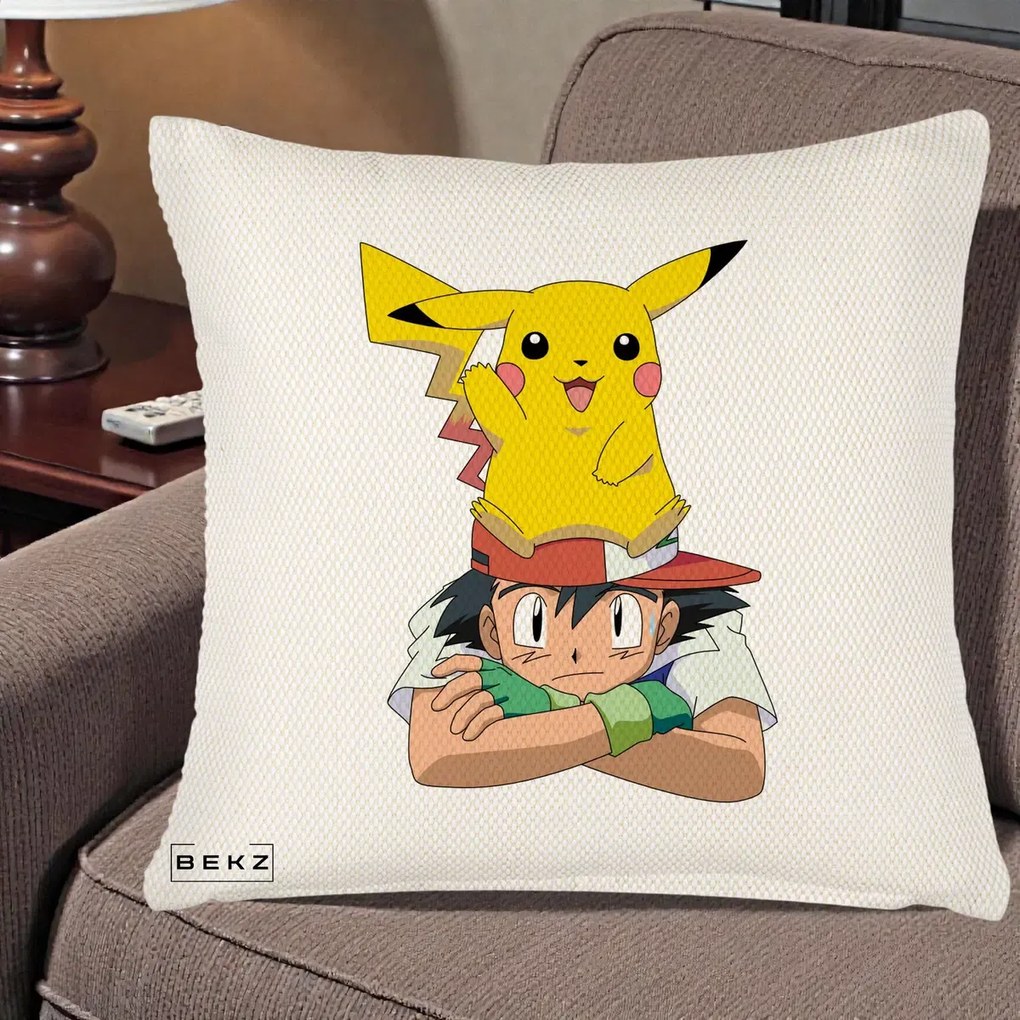 Perna Personalizata Ash si Pikachu, 40x40 cm, Crem Reliefat, Husa Detasabila, Perna Inclusa, BEKZ®