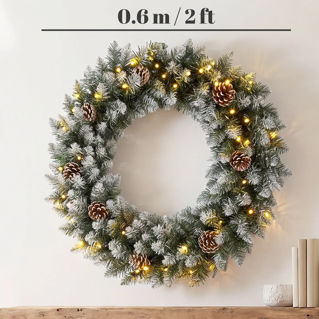 HOMCOM Coroniță de Crăciun 60 cm cu lumini LED, 8 moduri, 140 ramuri, conuri de pin, verde | Aosom Romania